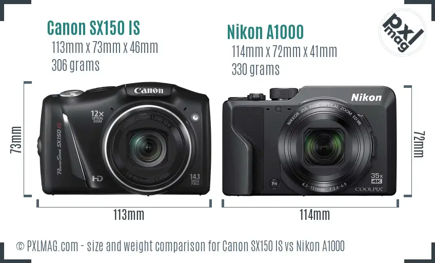 Canon SX150 IS vs Nikon A1000 size comparison