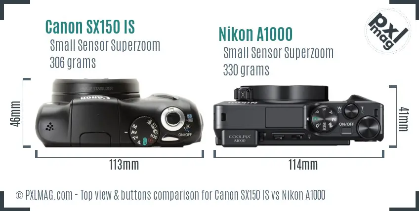 Canon SX150 IS vs Nikon A1000 top view buttons comparison