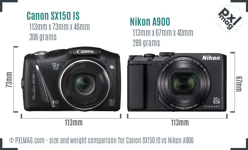 Canon SX150 IS vs Nikon A900 size comparison