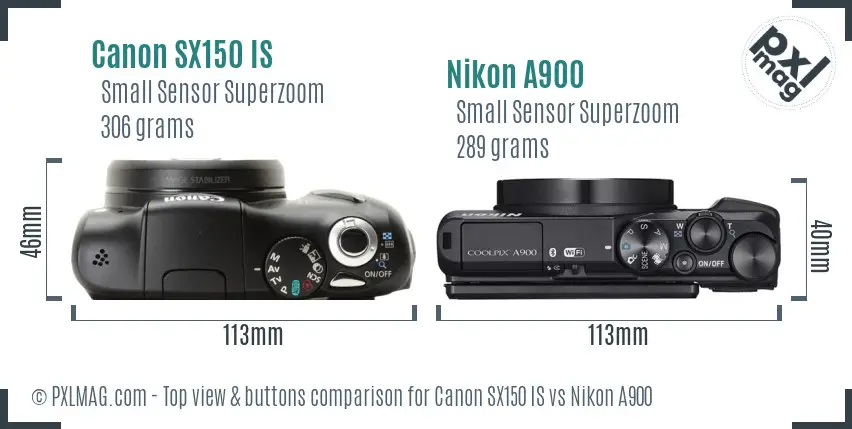 Canon SX150 IS vs Nikon A900 top view buttons comparison