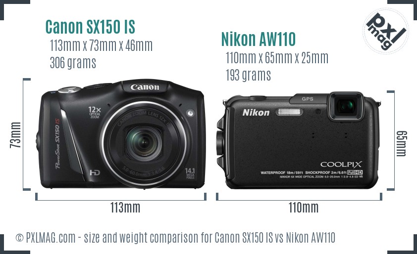 Canon SX150 IS vs Nikon AW110 size comparison