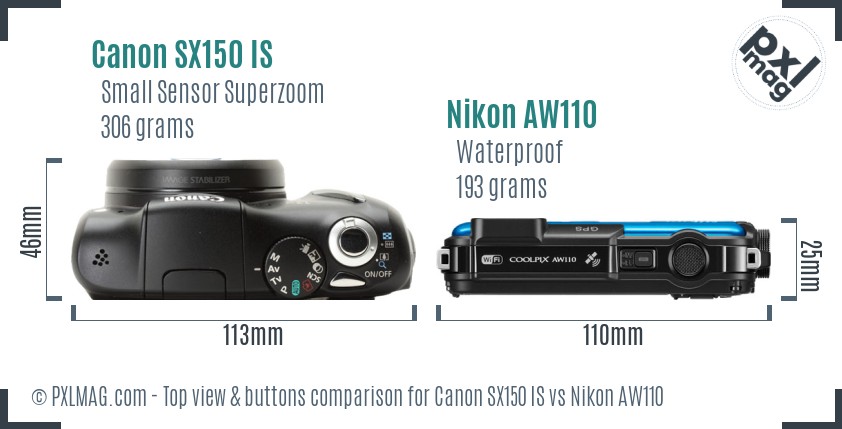 Canon SX150 IS vs Nikon AW110 top view buttons comparison