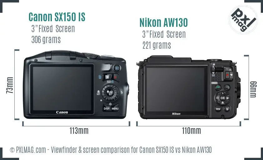 Canon SX150 IS vs Nikon AW130 Screen and Viewfinder comparison