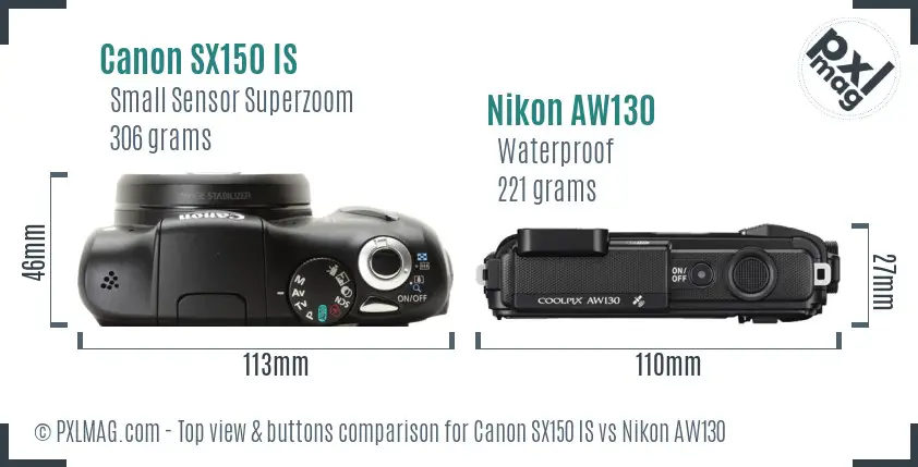 Canon SX150 IS vs Nikon AW130 top view buttons comparison