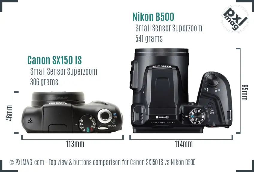 Canon SX150 IS vs Nikon B500 top view buttons comparison
