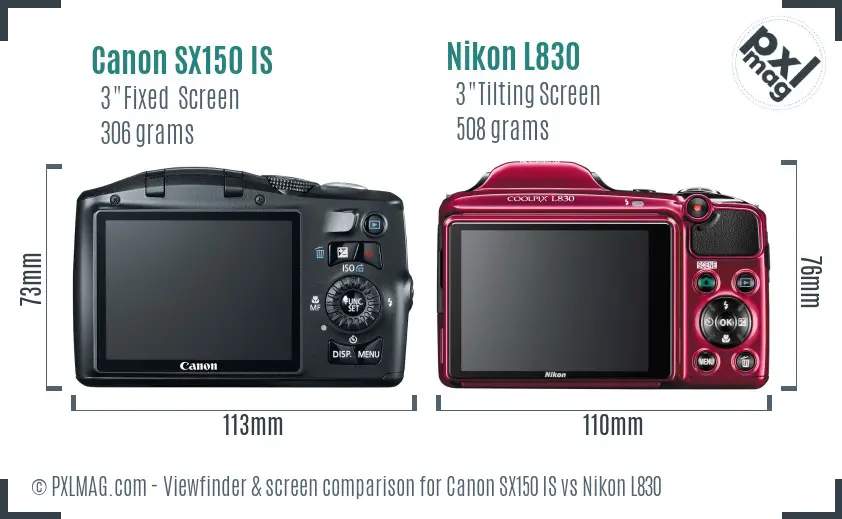 Canon SX150 IS vs Nikon L830 Screen and Viewfinder comparison