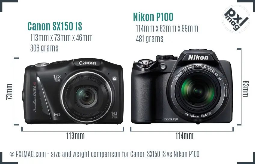 Canon SX150 IS vs Nikon P100 size comparison