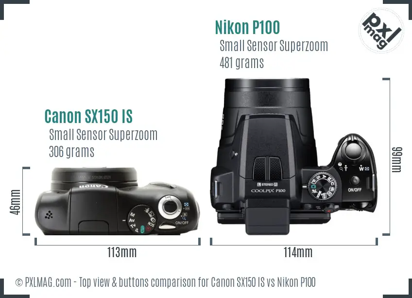 Canon SX150 IS vs Nikon P100 top view buttons comparison
