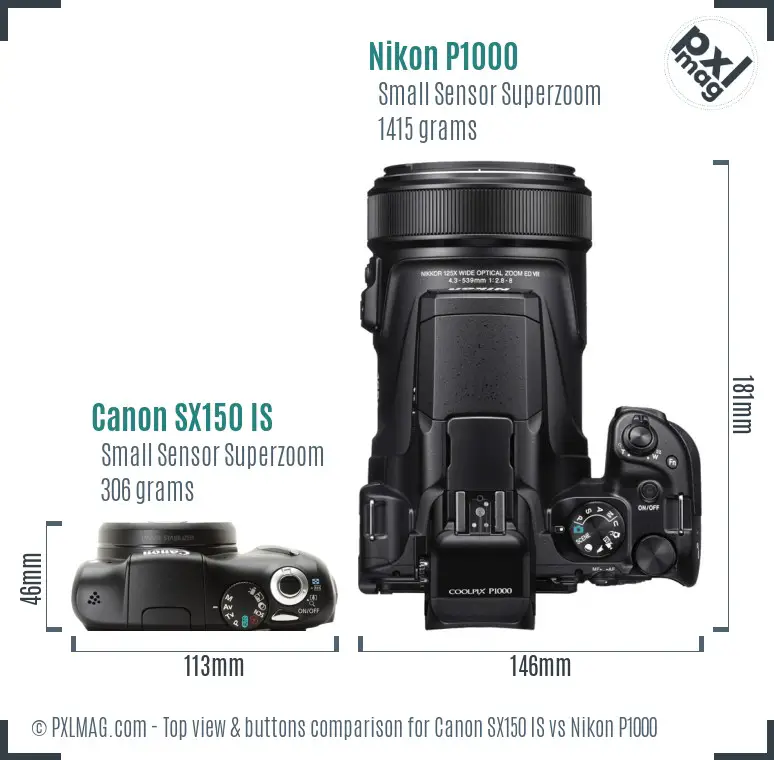 Canon SX150 IS vs Nikon P1000 top view buttons comparison