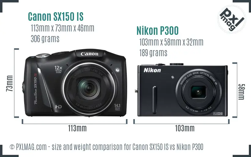 Canon SX150 IS vs Nikon P300 size comparison