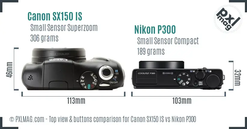 Canon SX150 IS vs Nikon P300 top view buttons comparison