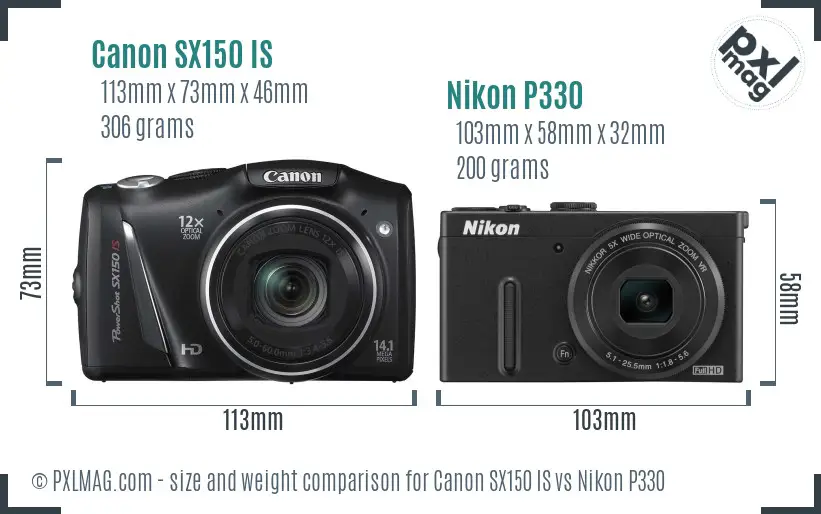 Canon SX150 IS vs Nikon P330 size comparison