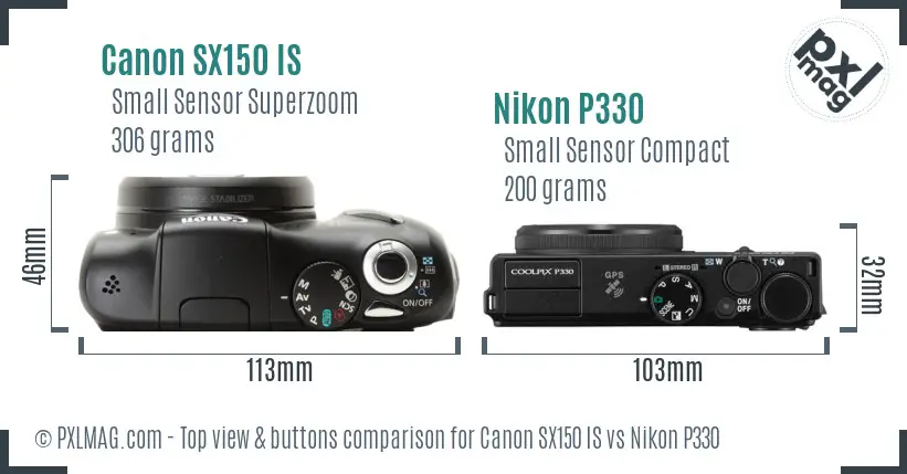 Canon SX150 IS vs Nikon P330 top view buttons comparison