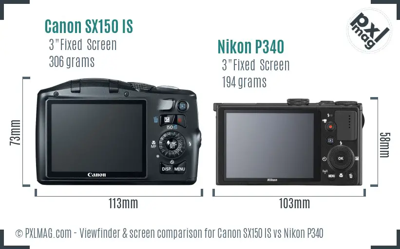 Canon SX150 IS vs Nikon P340 Screen and Viewfinder comparison