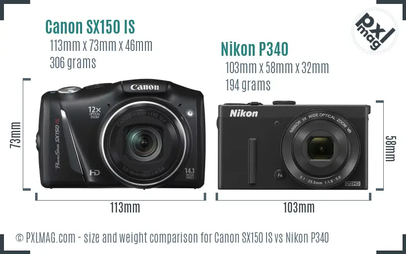 Canon SX150 IS vs Nikon P340 size comparison