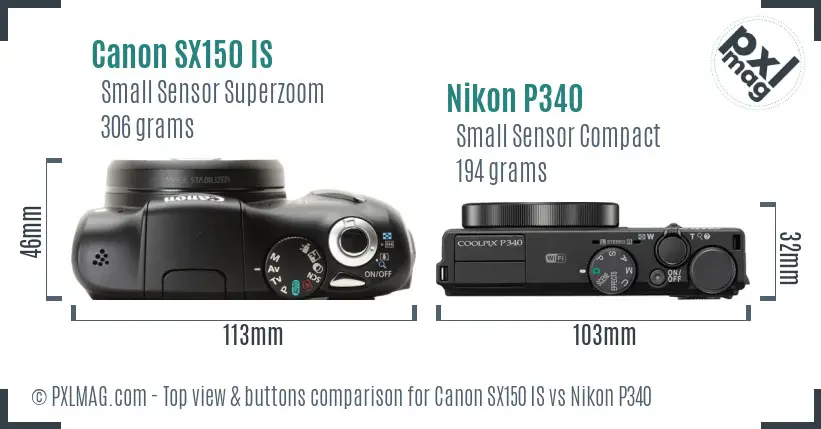 Canon SX150 IS vs Nikon P340 top view buttons comparison