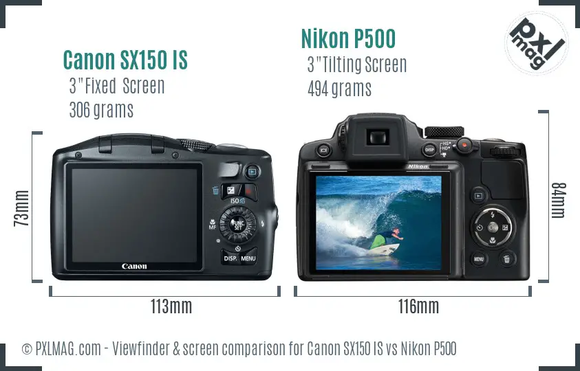 Canon SX150 IS vs Nikon P500 Screen and Viewfinder comparison