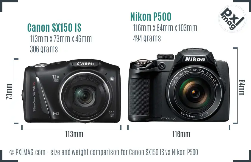 Canon SX150 IS vs Nikon P500 size comparison