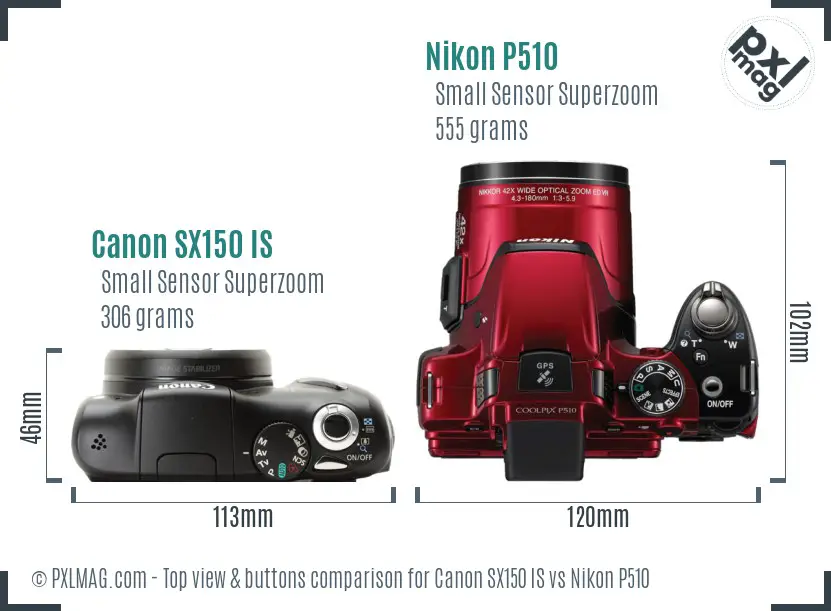 Canon SX150 IS vs Nikon P510 top view buttons comparison