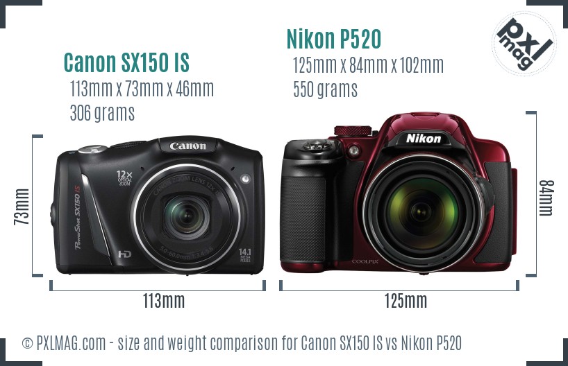 Canon SX150 IS vs Nikon P520 size comparison