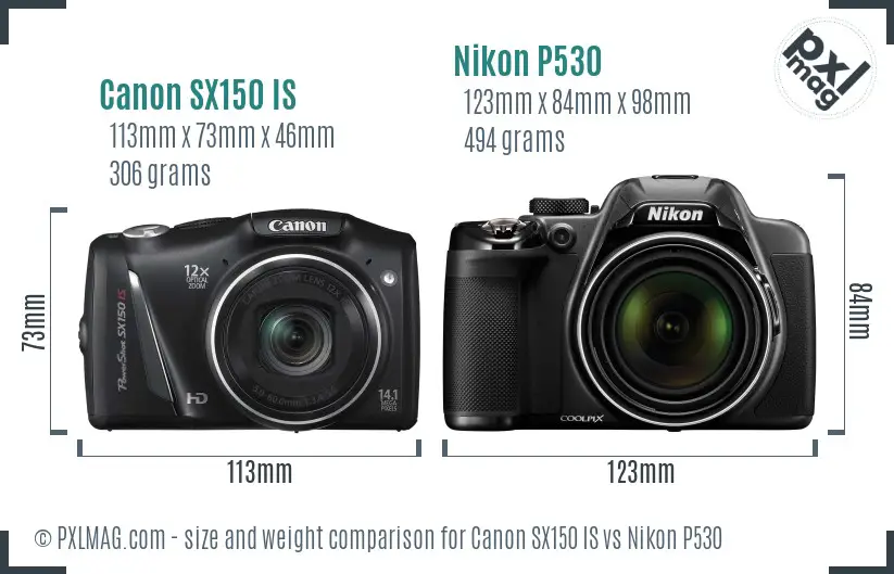 Canon SX150 IS vs Nikon P530 size comparison
