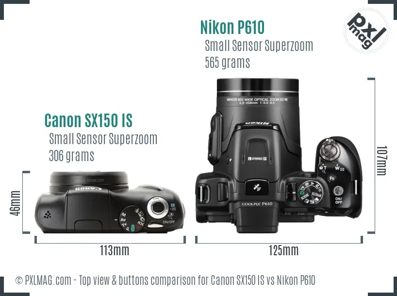 Canon SX150 IS vs Nikon P610 top view buttons comparison Canon SX150 IS vs Nikon P610 top view buttons comparison