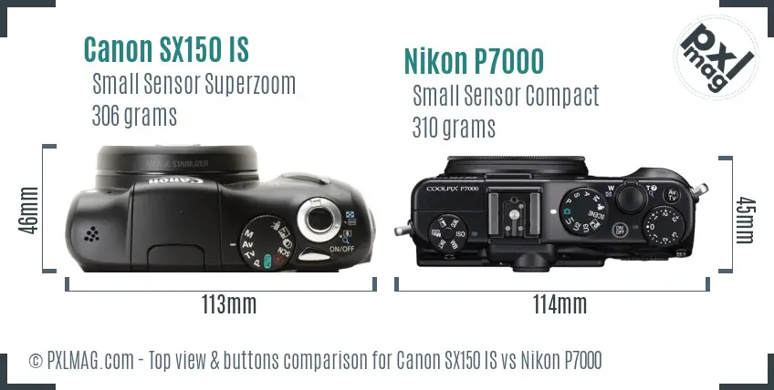 Canon SX150 IS vs Nikon P7000 top view buttons comparison