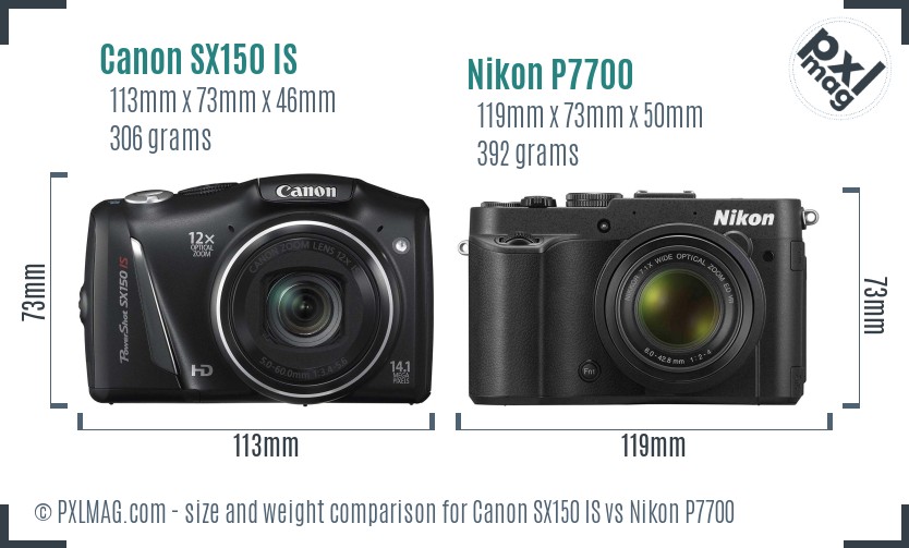 Canon SX150 IS vs Nikon P7700 size comparison Canon SX150 IS vs Nikon P7700 size comparison