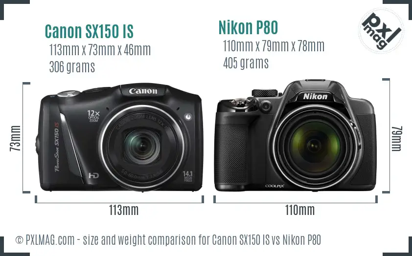 Canon SX150 IS vs Nikon P80 size comparison