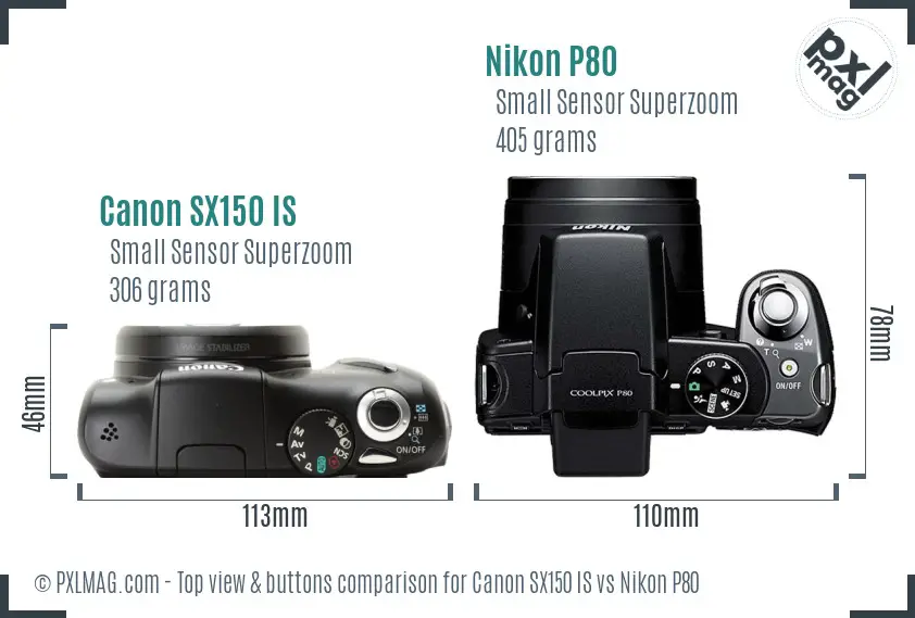 Canon SX150 IS vs Nikon P80 top view buttons comparison