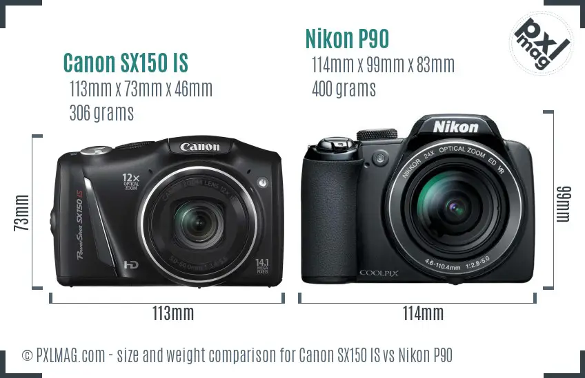 Canon SX150 IS vs Nikon P90 size comparison