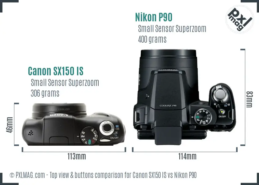 Canon SX150 IS vs Nikon P90 top view buttons comparison