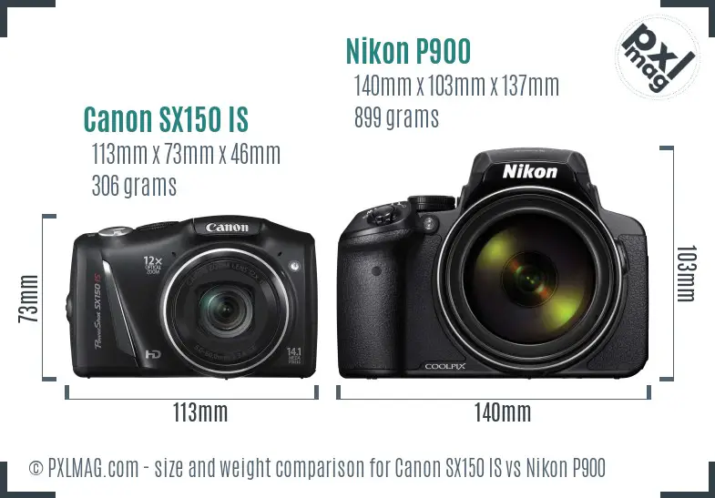 Canon SX150 IS vs Nikon P900 size comparison