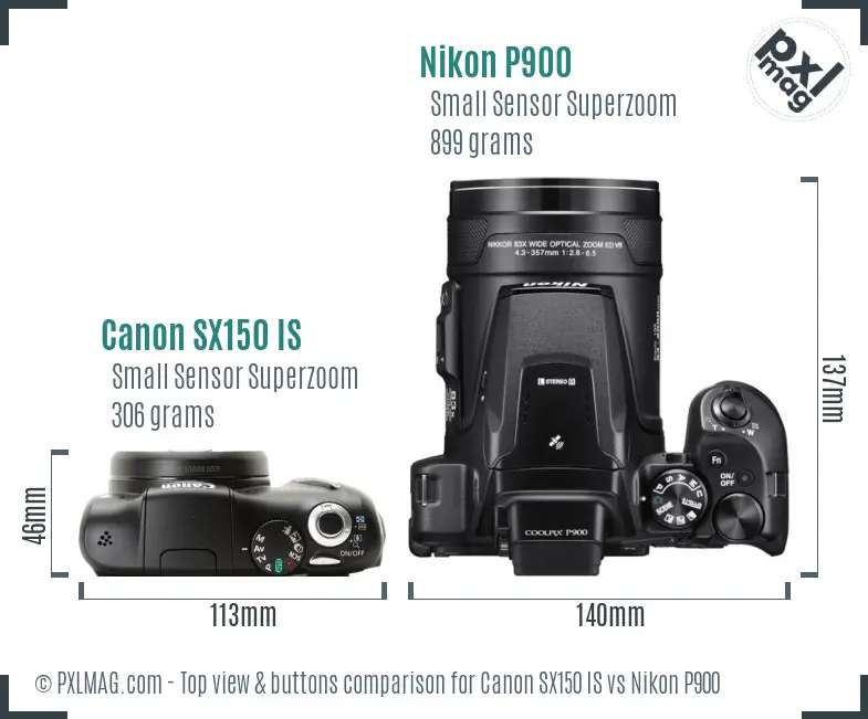 Canon SX150 IS vs Nikon P900 top view buttons comparison