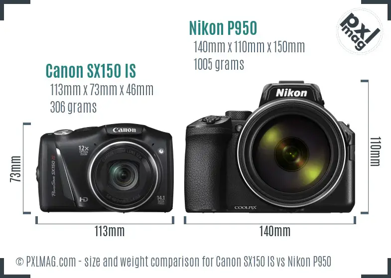 Canon SX150 IS vs Nikon P950 size comparison