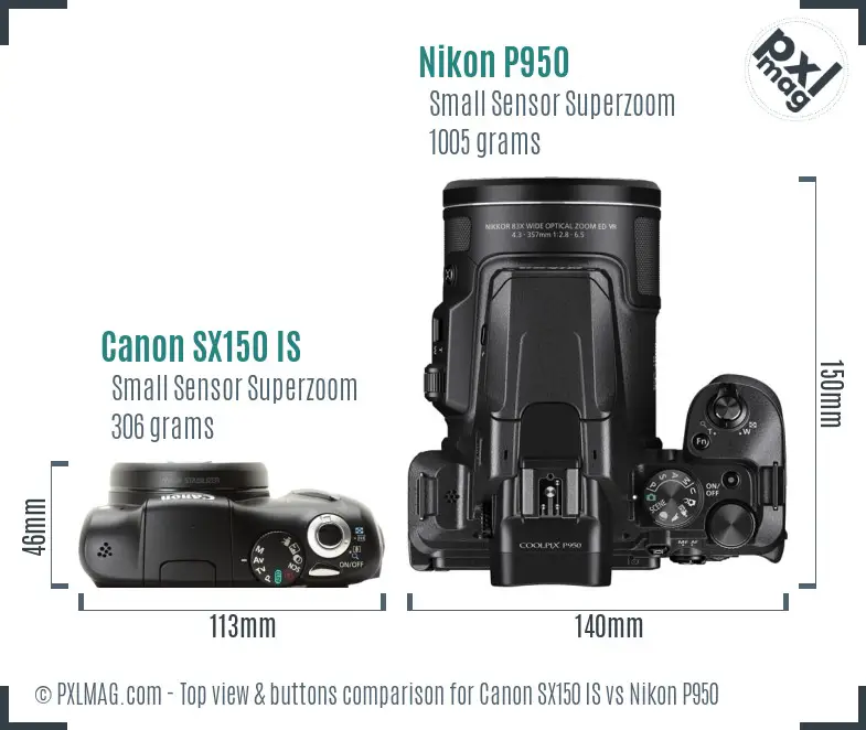 Canon SX150 IS vs Nikon P950 top view buttons comparison