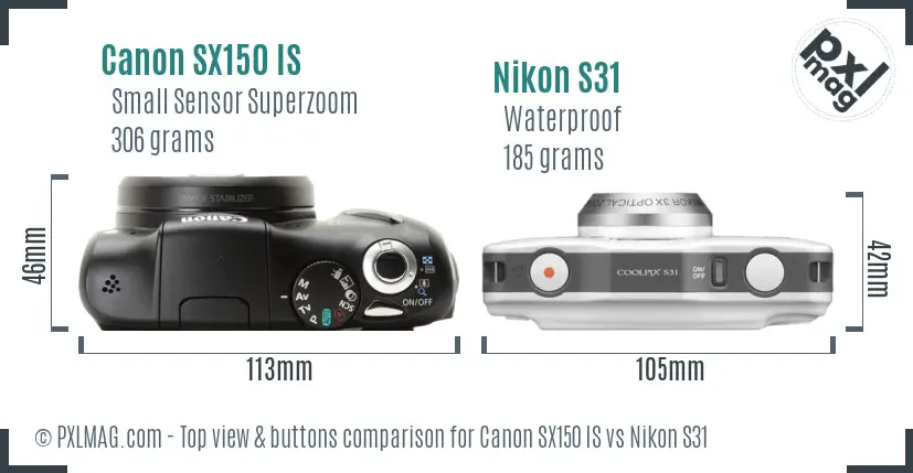 Canon SX150 IS vs Nikon S31 top view buttons comparison Canon SX150 IS vs Nikon S31 top view buttons comparison