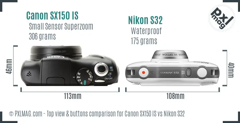 Canon SX150 IS vs Nikon S32 top view buttons comparison Canon SX150 IS vs Nikon S32 top view buttons comparison