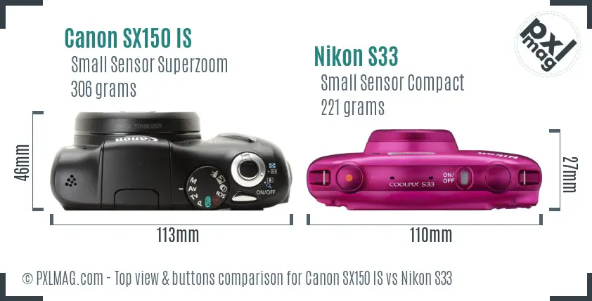 Canon SX150 IS vs Nikon S33 top view buttons comparison