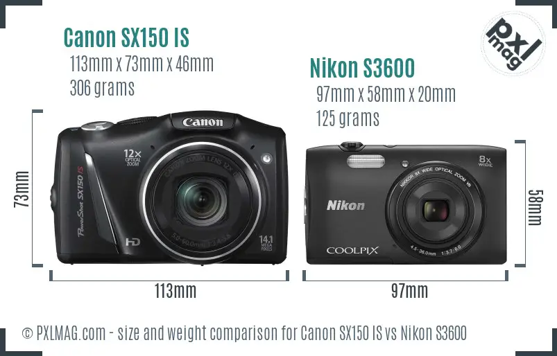 Canon SX150 IS vs Nikon S3600 size comparison