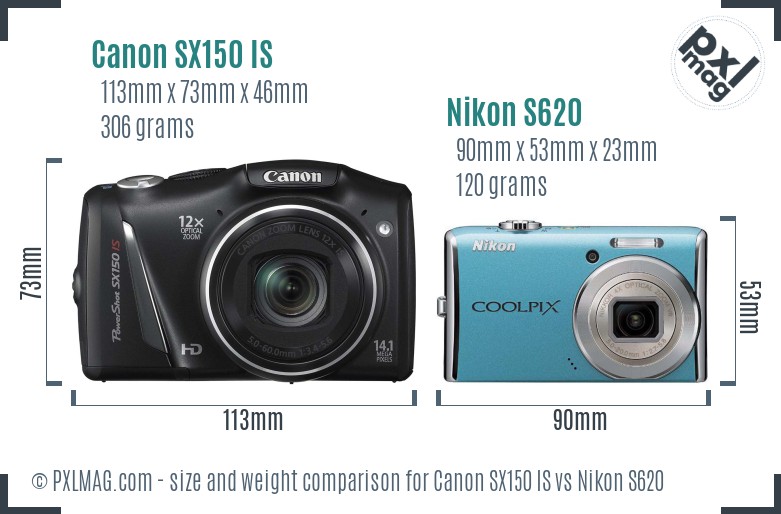 Canon SX150 IS vs Nikon S620 size comparison