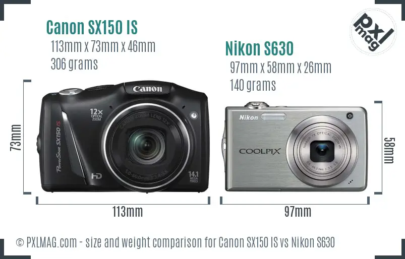 Canon SX150 IS vs Nikon S630 size comparison