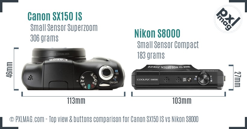 Canon SX150 IS vs Nikon S8000 top view buttons comparison