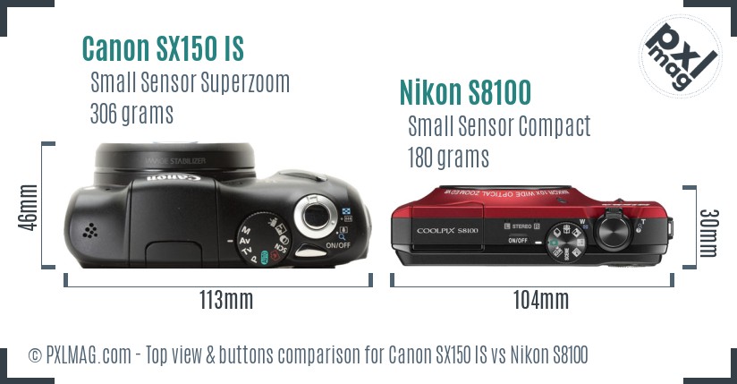 Canon SX150 IS vs Nikon S8100 top view buttons comparison