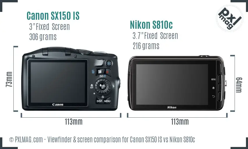 Canon SX150 IS vs Nikon S810c Screen and Viewfinder comparison