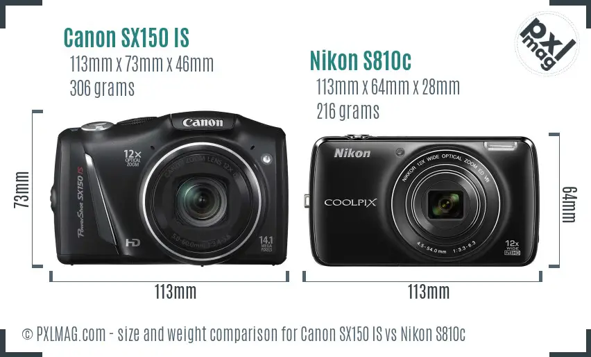 Canon SX150 IS vs Nikon S810c size comparison