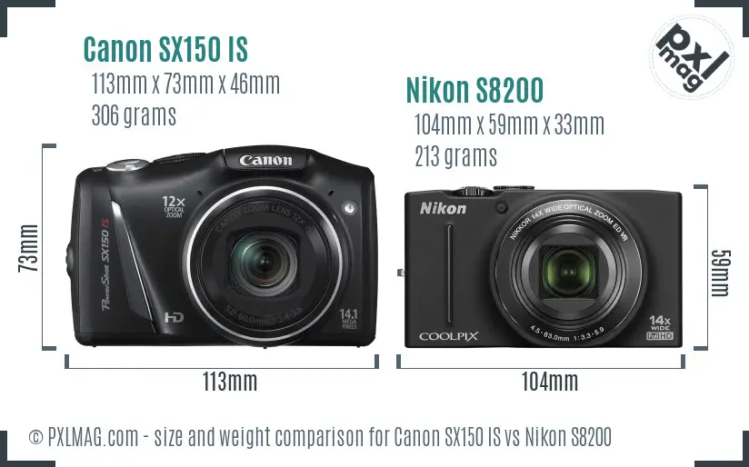 Canon SX150 IS vs Nikon S8200 size comparison