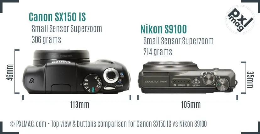 Canon SX150 IS vs Nikon S9100 top view buttons comparison Canon SX150 IS vs Nikon S9100 top view buttons comparison