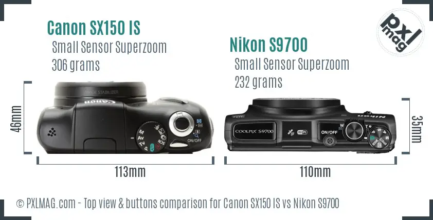 Canon SX150 IS vs Nikon S9700 top view buttons comparison Canon SX150 IS vs Nikon S9700 top view buttons comparison