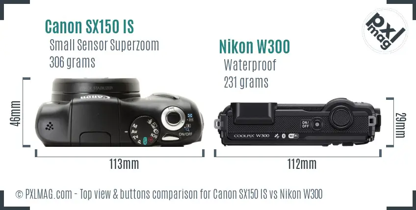 Canon SX150 IS vs Nikon W300 top view buttons comparison